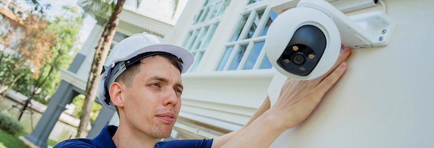 A professional worker installs a home security system